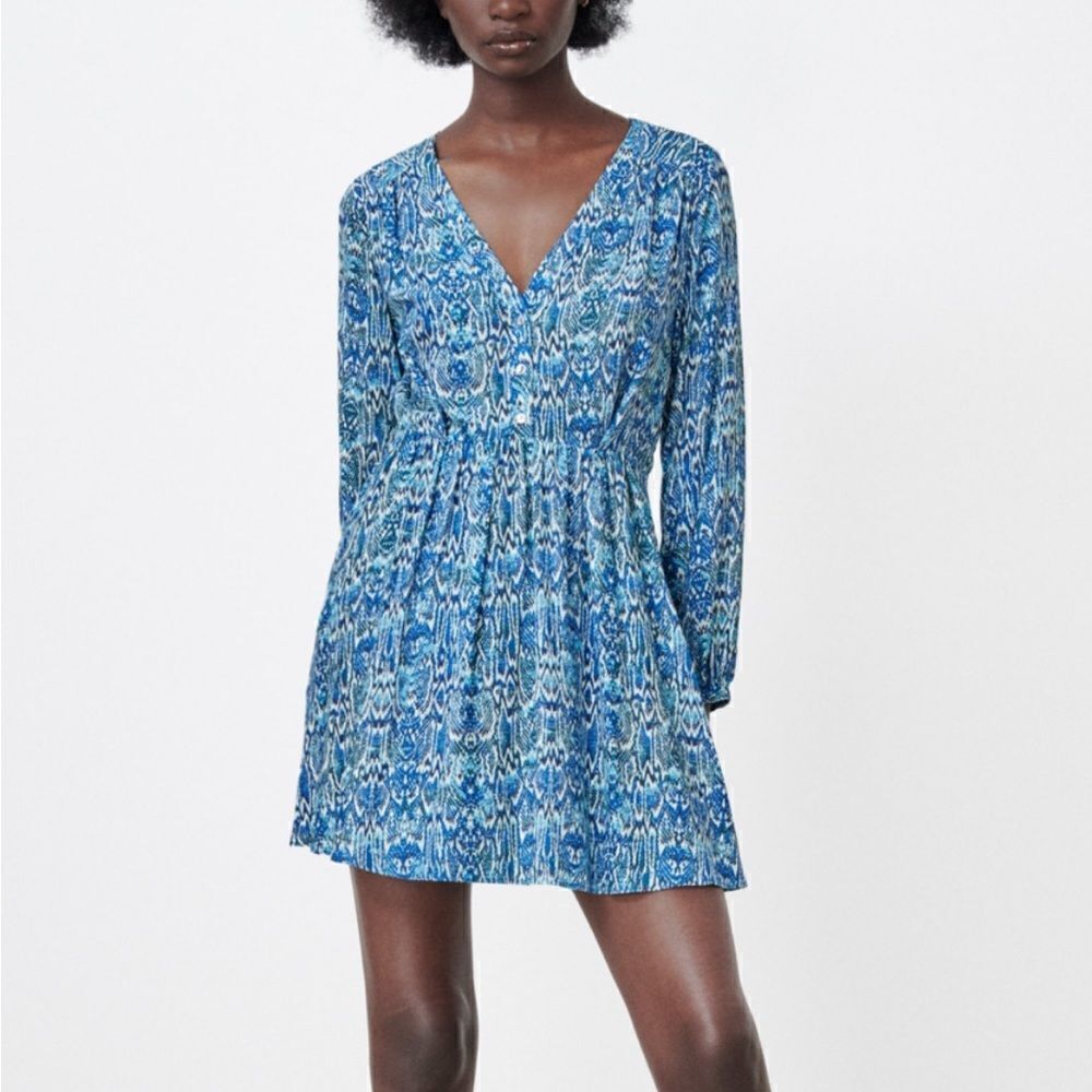 NWT- Zara Animal Print Mini Dress - XSmall Blue/white